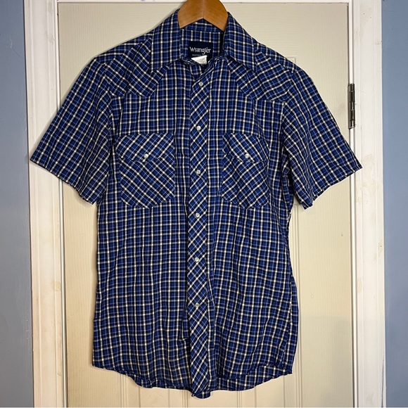 Wrangler Retro Pearl Snap Shirt Mens Small Blue Plaid Western Short Sleeve - Picture 1 of 4